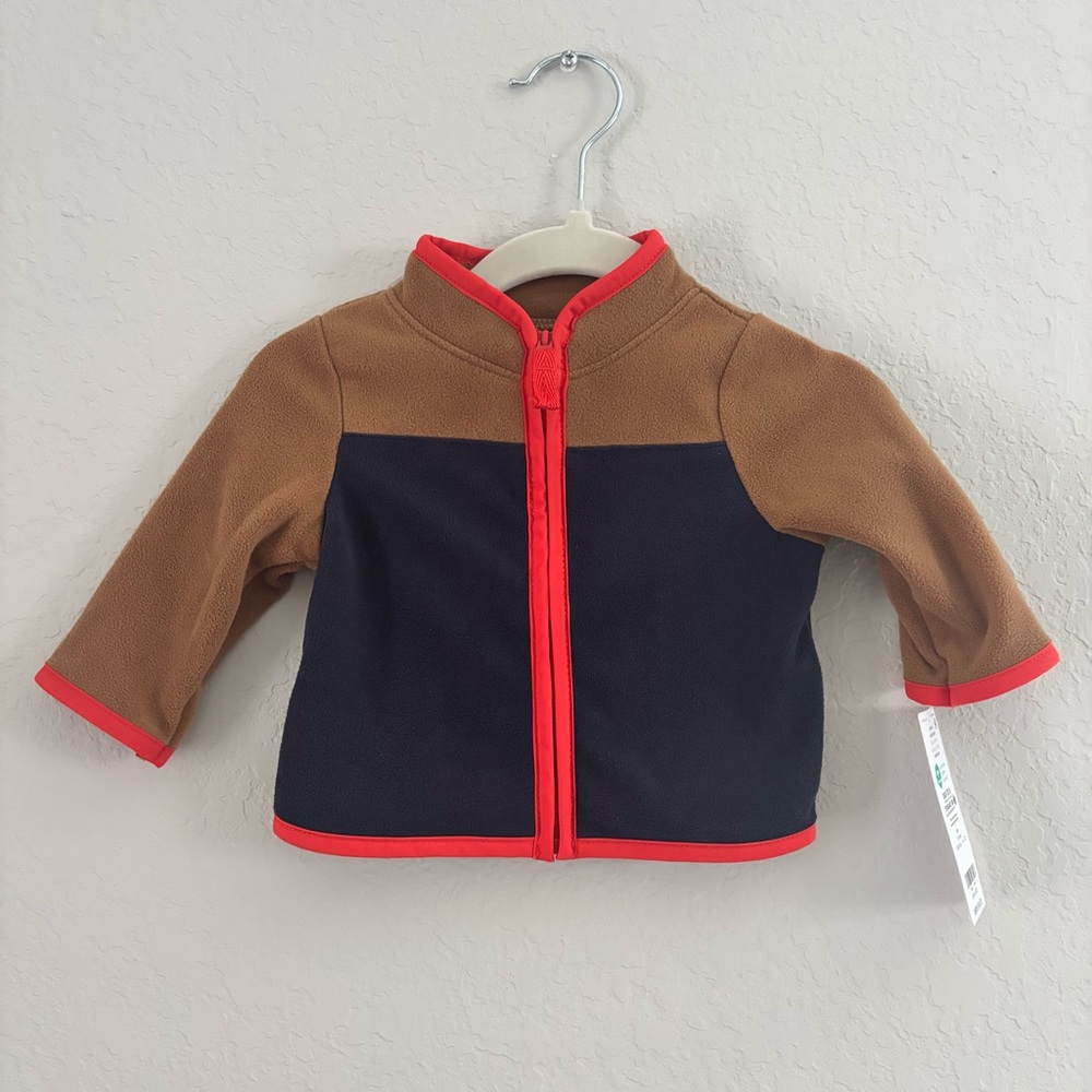 NWT ✔️ Carters Newborn Brown and Navy Fleece Jacket with Red Trim